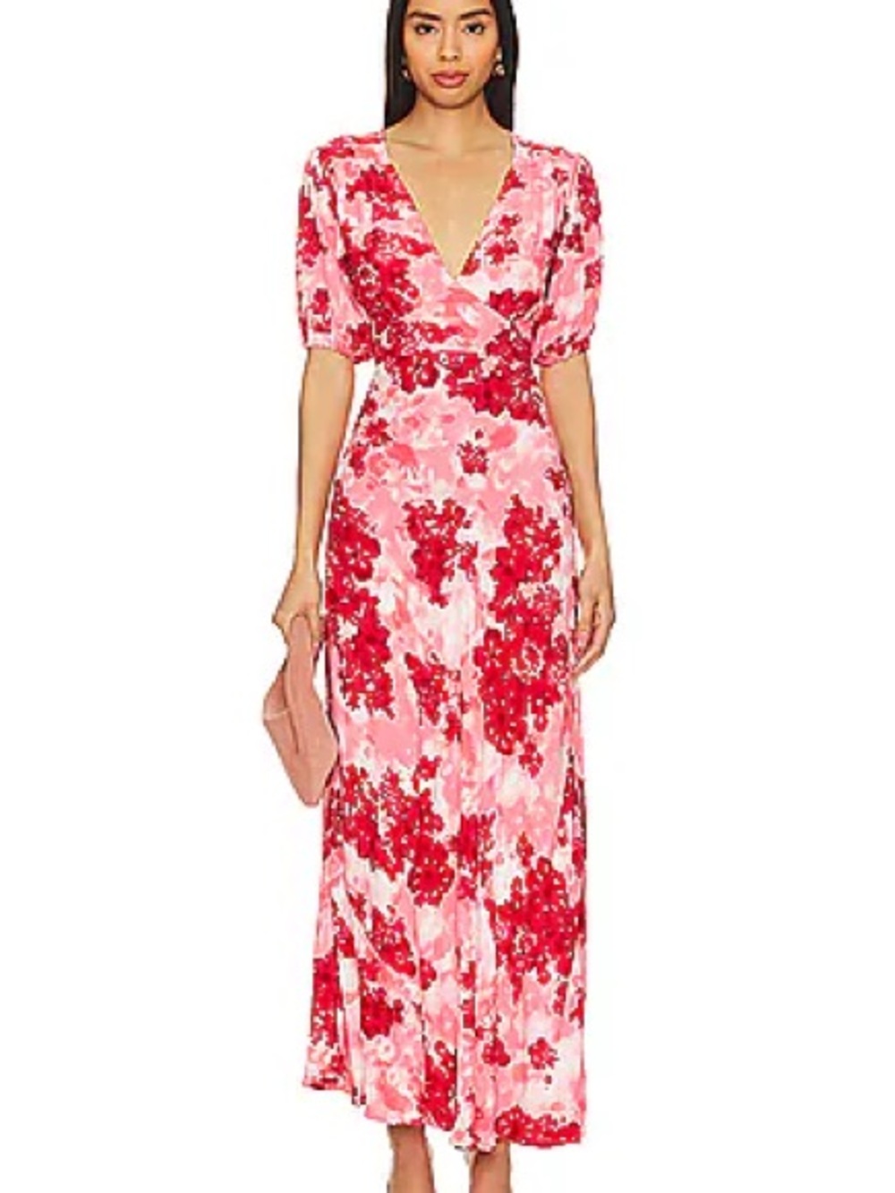 a new day Pink and Red Floral Maxi Dress v neck puff sleeve elegant feminine